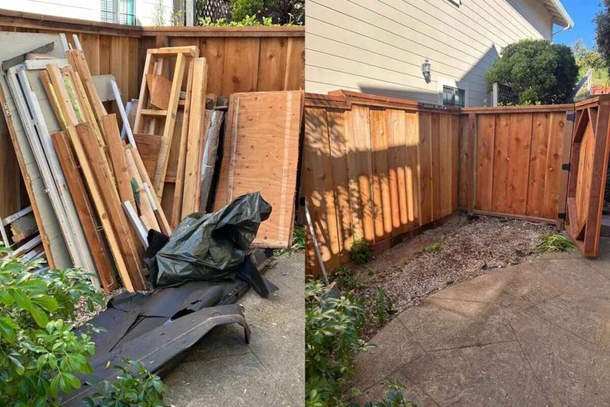 Before and after side yard wood and debris cleanout in San Diego County